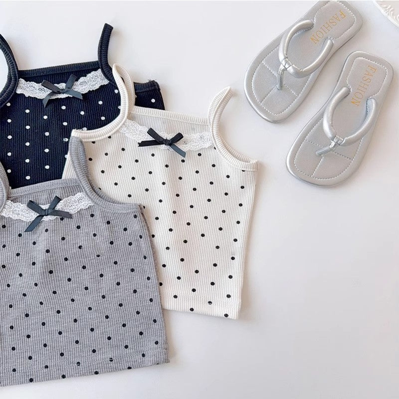 Canottiere Bambina in Cotone a Pois con Fiocco e Pizzo