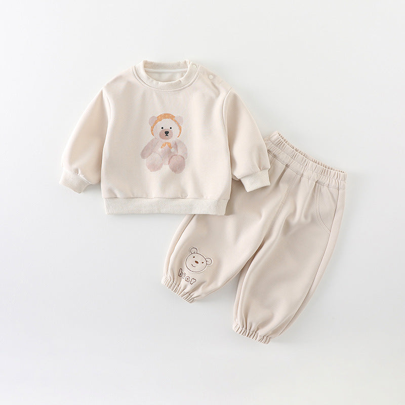 Tuta Baby 2 Pezzi – Felpa e Pantalone con Orsetto, Beige Morbido