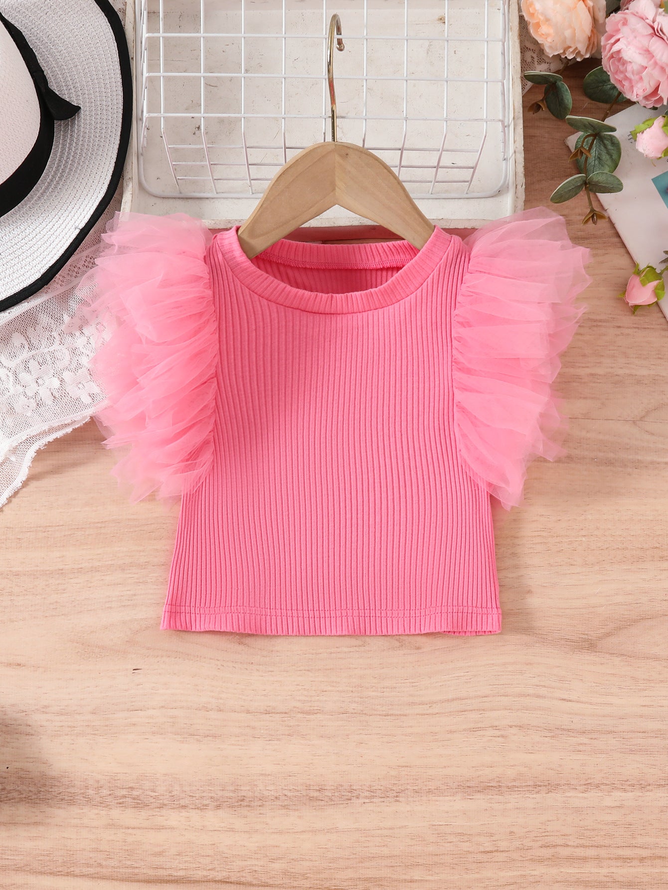 Top Bimba  a Costine con Maniche Volant in Tulle