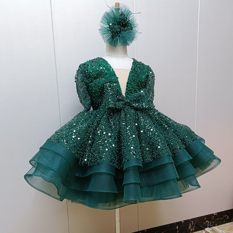 Abito da Cerimonia Bambina in Tulle Verde Smeraldo con Paillettes e Maxi Fiocco
