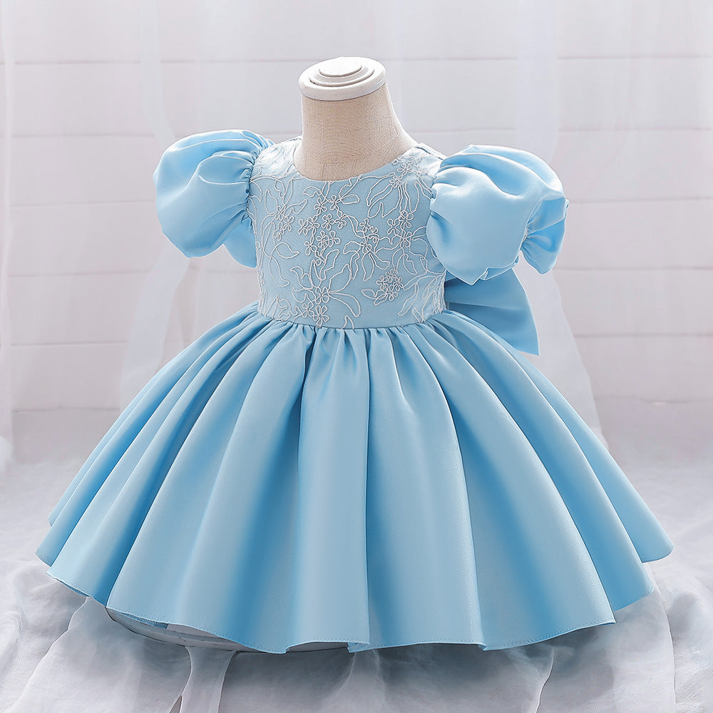 Abito Elegante Azzurro per Bambina con Maniche a Palloncino e Ricami