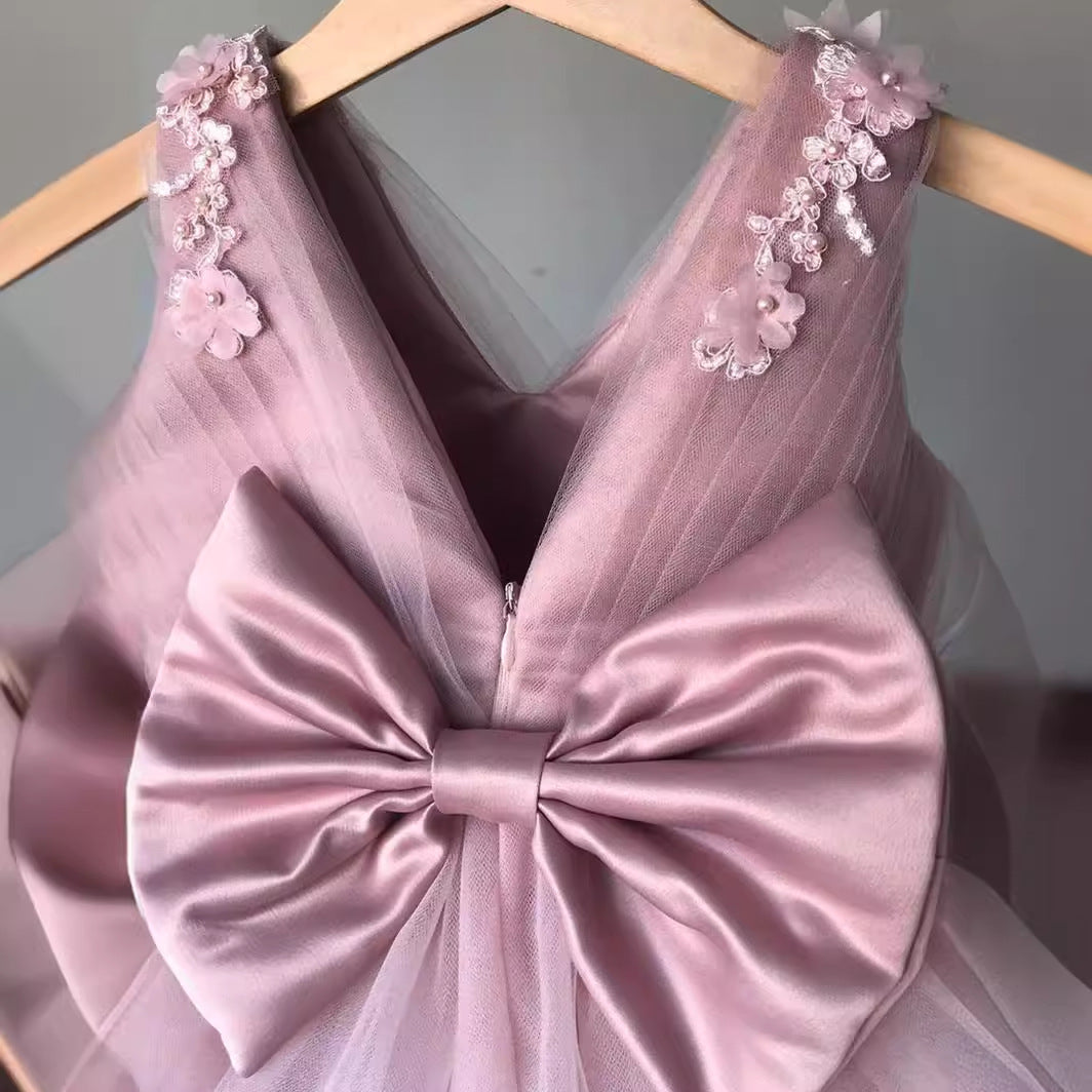 Abito da Cerimonia Bambina in Tulle con Fiocco e Applicazioni Floreali