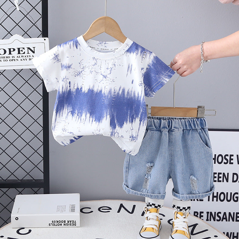 Completo Estivo Bimbo  T-shirt Tie-Dye Blu e Shorts in Denim