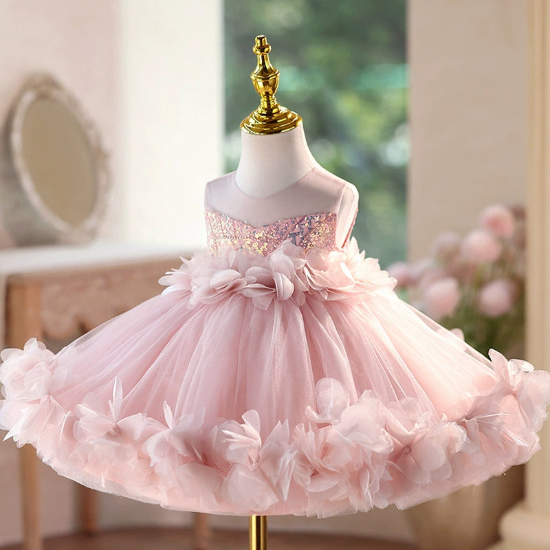 Abito Elegante da Cerimonia Bambina – Rosa con Fiori in Tulle