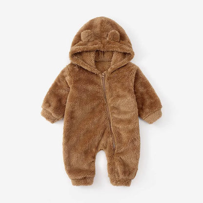 Tuta orsetto in pile con cappuccio e orecchiette – tutina invernale neonato unisex
