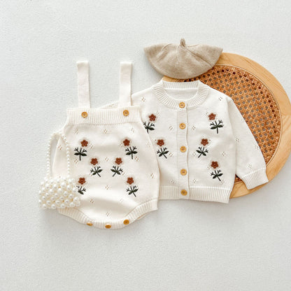 Set Maglia + Body Salopette Neonata Bimba Maglia Ricamata – Con Borsetta e Berretto