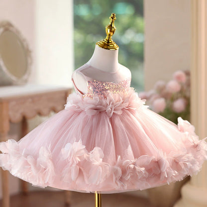 Abito Elegante da Cerimonia Bambina – Rosa con Fiori in Tulle