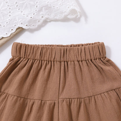 Completo Estivo Bambina  Top Sangallo Bianco e Pantaloni Marroni