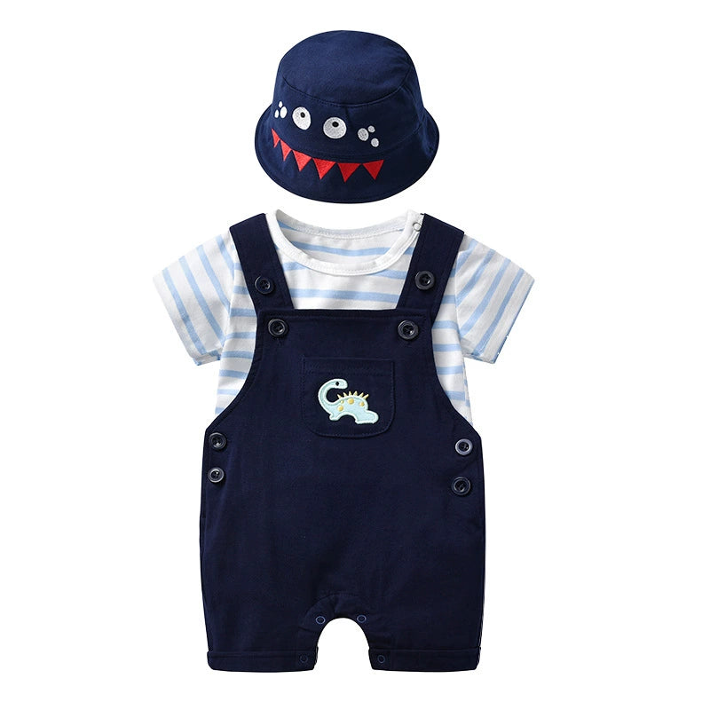 Completo 3 Pezzi Bambino – Salopette + Body a Righe + Cappellino Mostriciattolo
