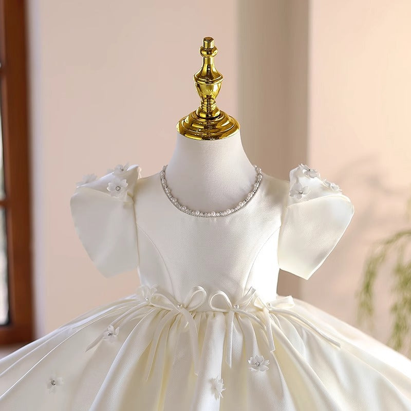 Abito Elegante Bambina Avorio con Maniche a Palloncino e Dettagli Floreali