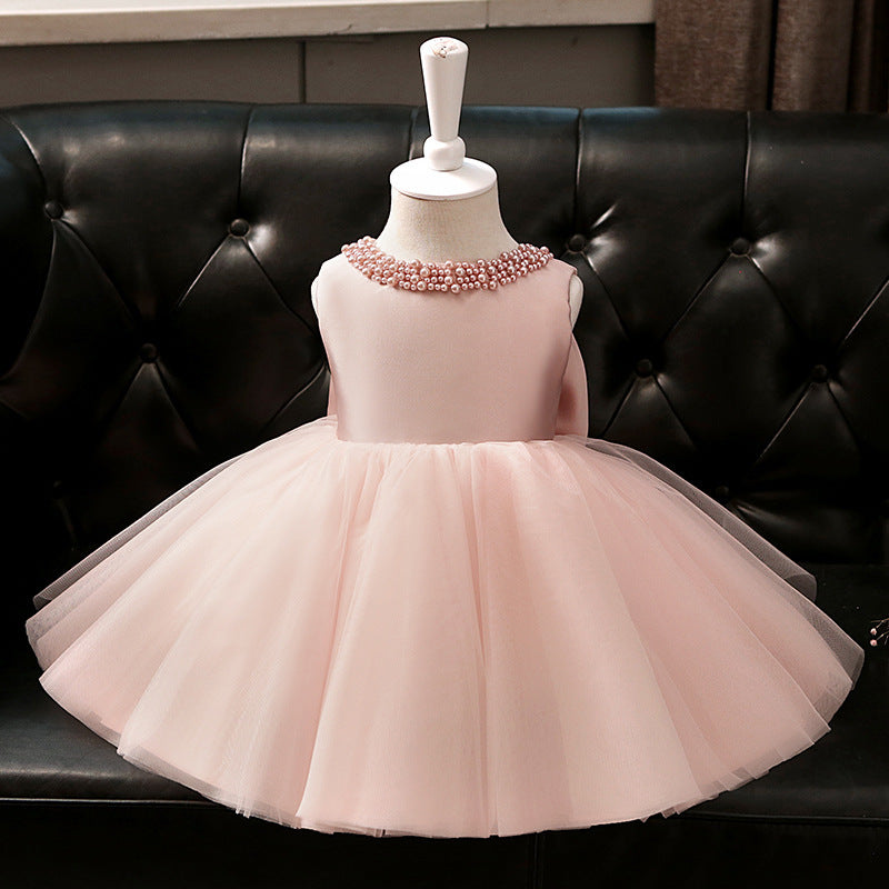 Abito Elegante Bambina Rosa Cipria con Gonna in Tulle e Colletto di Perle
