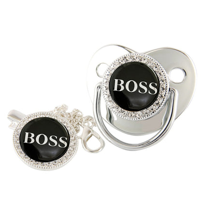 Set Ciuccio con Catenella “BOSS” – Design Elegante con Strass argento