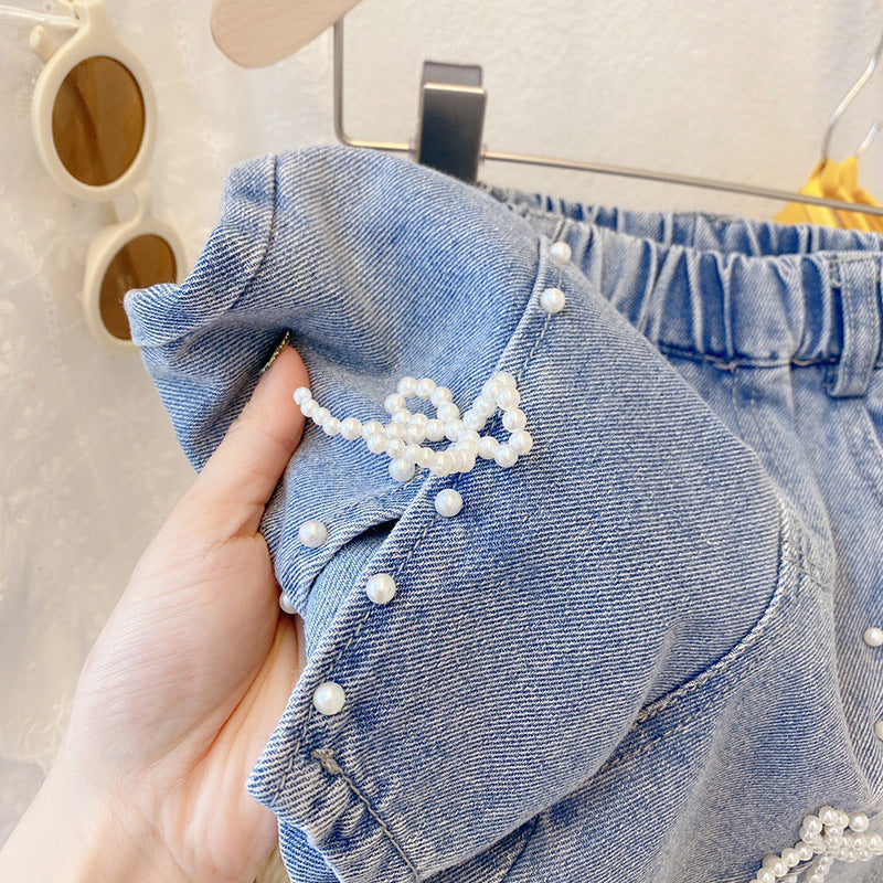 Shorts in Denim con Dettagli di Perle