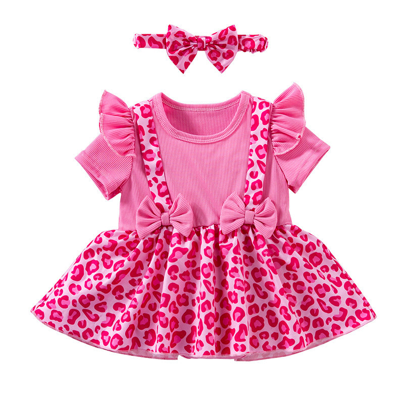 Completo Neonata Rosa con Gonna Leopardata e Fascia Coordinata