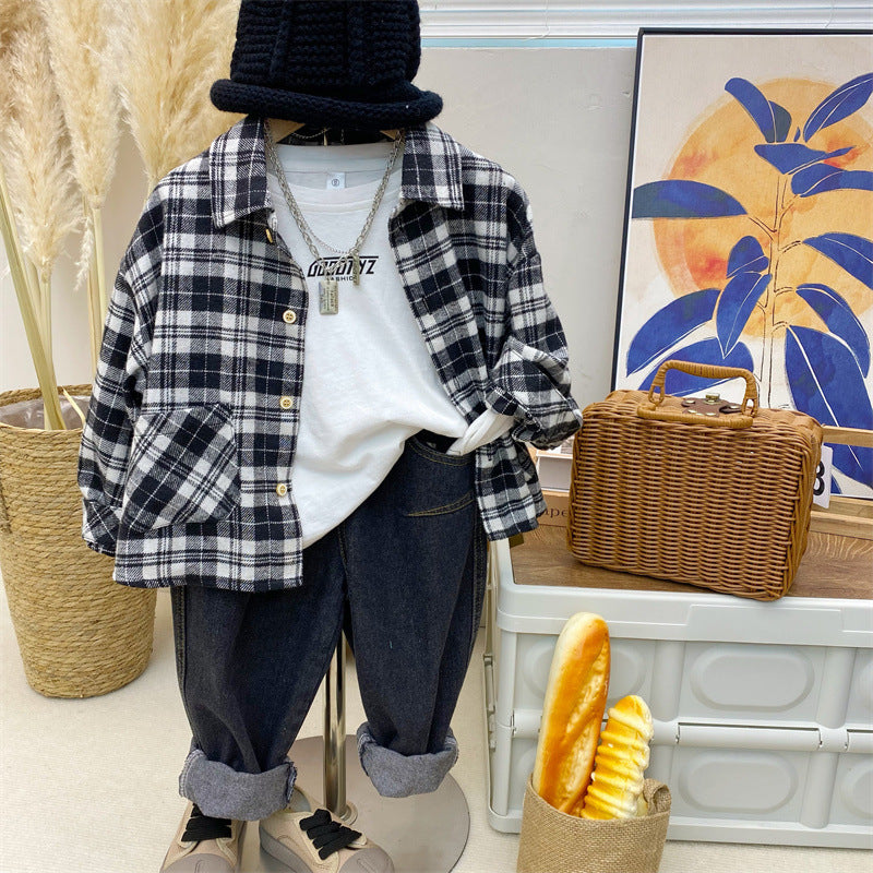 Completo Casual Bimbo Autunnale  Camicia a Quadri, T-shirt e Jeans