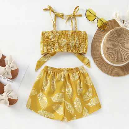 Completo estivo bambina 2 pezzi con stampa foglie tropicali