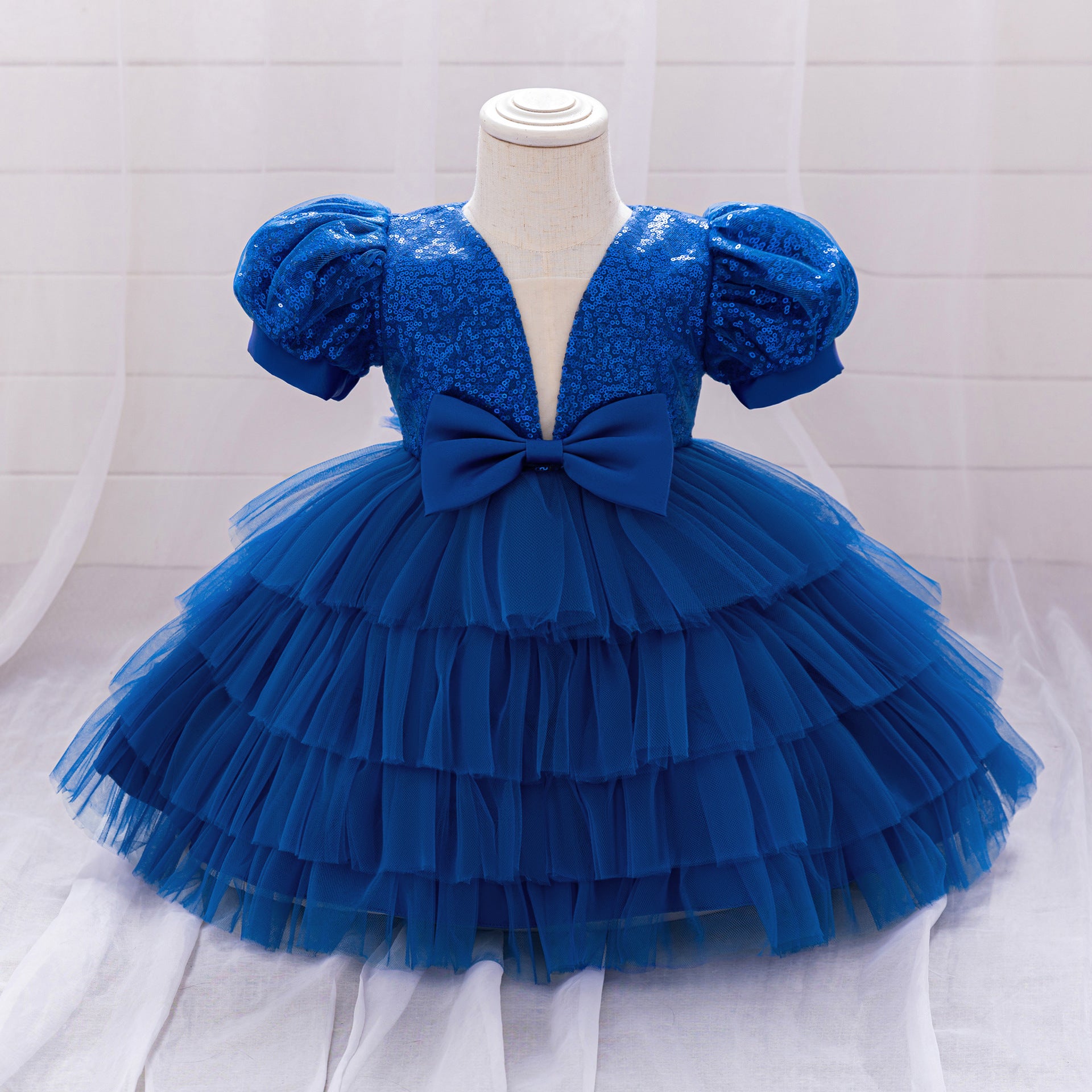 Abito da Cerimonia Bambina in Tulle Blu Reale con Paillettes e Maxi Fiocco