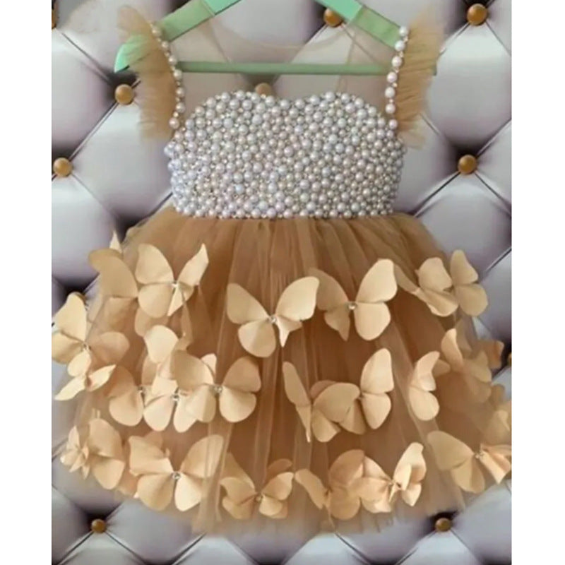 Abito Cerimonia Bambina Champagne con Perle e Farfalle in Rilievo