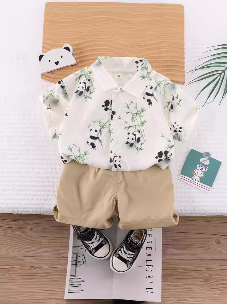 Completo Estivo Bambino 2 Pezzi - Camicia Panda e Pantaloncini Beige