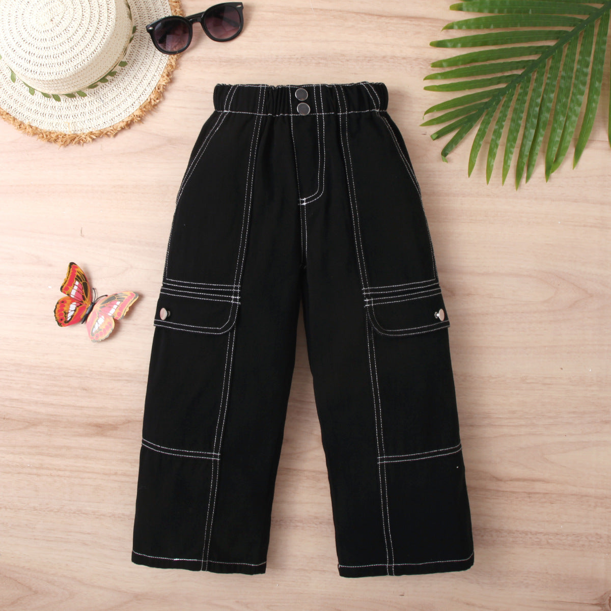 Pantaloni cargo neri bambina – stile urban con cuciture a contrasto