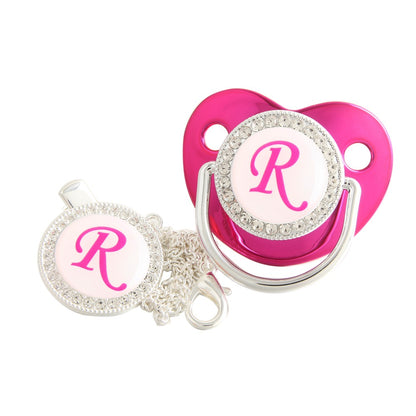 Set Ciuccio Luxury Fucsia e argento con Clip – Personalizzato con Iniziale (6-12 mesi)