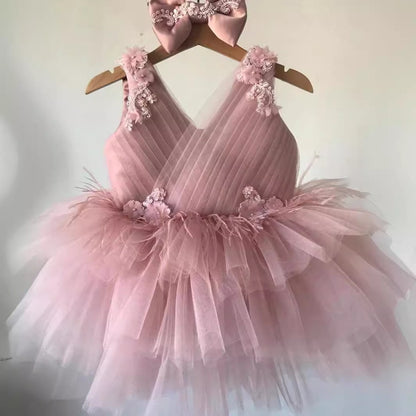 Abito da Cerimonia Bambina in Tulle con Fiocco e Applicazioni Floreali