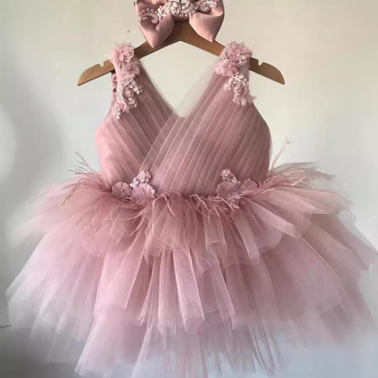 Abito da Cerimonia Bambina in Tulle con Fiocco e Applicazioni Floreali