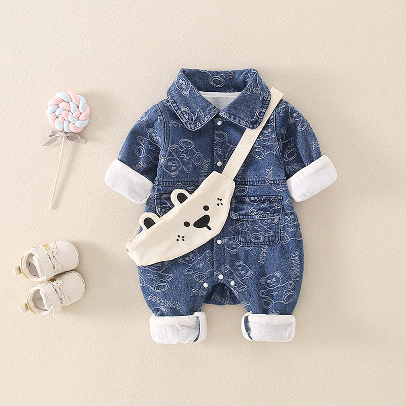 Tutina Jeans Bambino con Stampa Orsetti e Borsetta