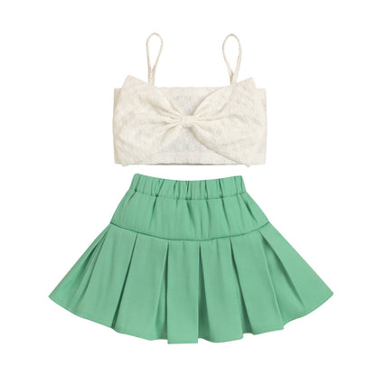 Completo Bimba Estivo - Top con Fiocco e Gonna Plissettata Verde