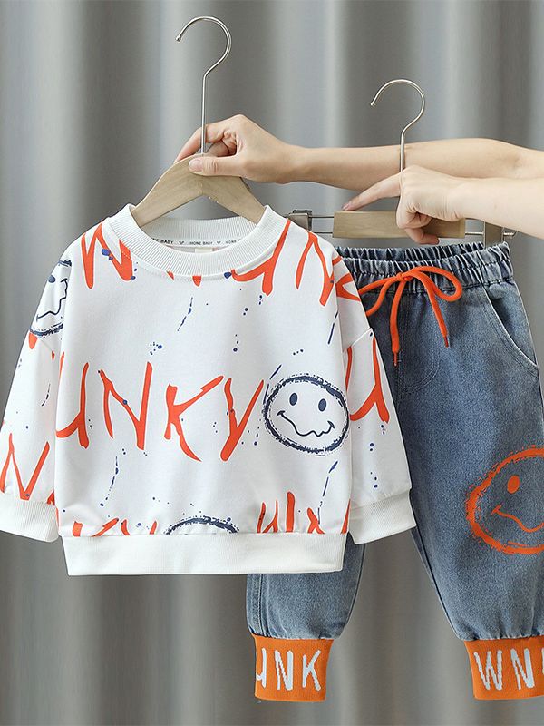 Completo bambino felpa e jeans con stampa smiley e scritte arancioni