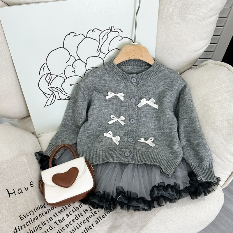 Completo Bimba Elegante Invernale  Cardigan Grigio con Fiocchi e Gonna in Tulle