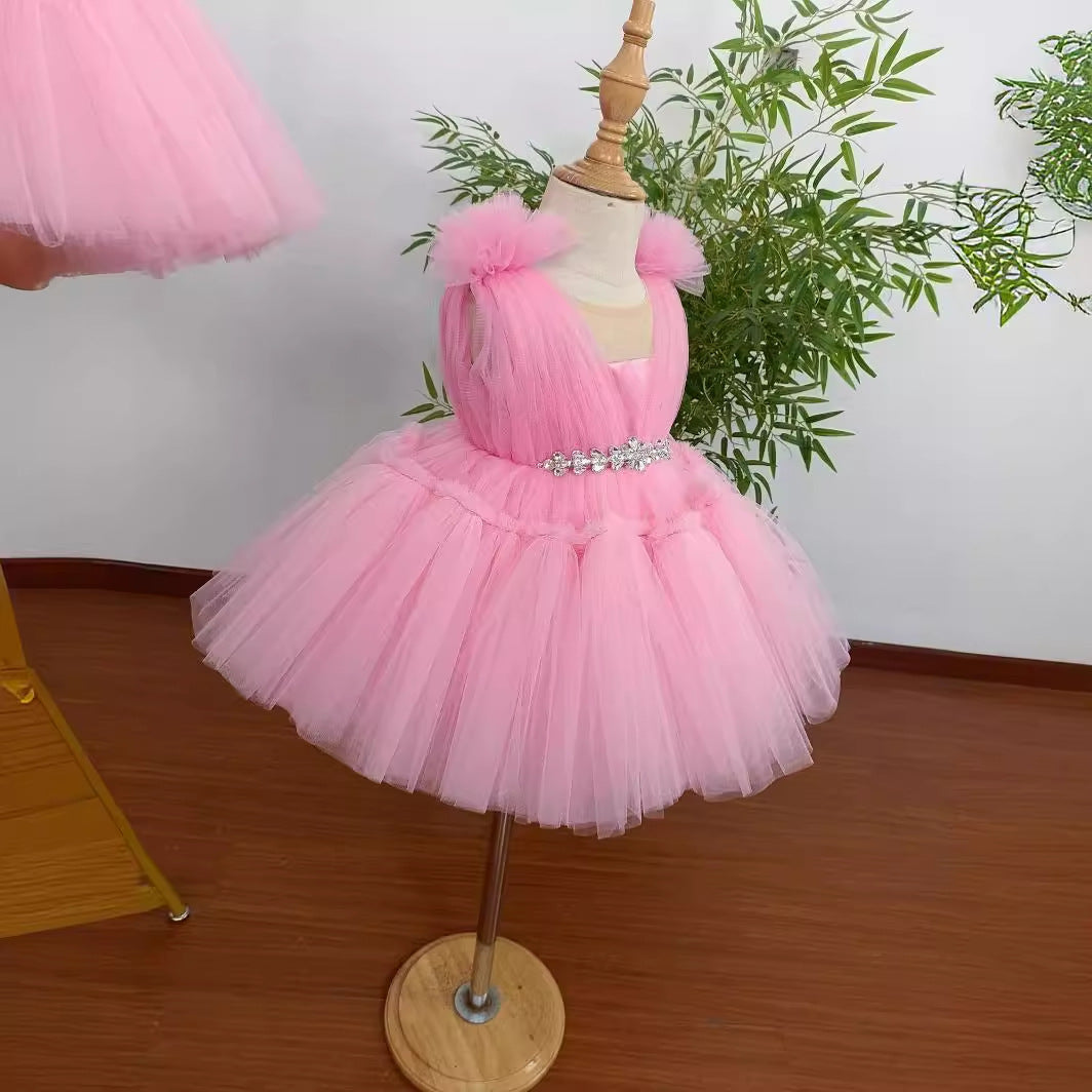 Abito Cerimonia Bambina in Tulle Rosa con Spalline Floreali e Cintura Strass