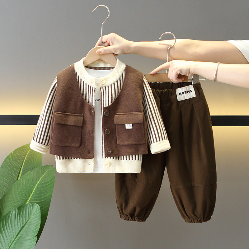 Set 3 pezzi bambino – Maglietta, cardigan a righe e pantaloni -2 varianti colore