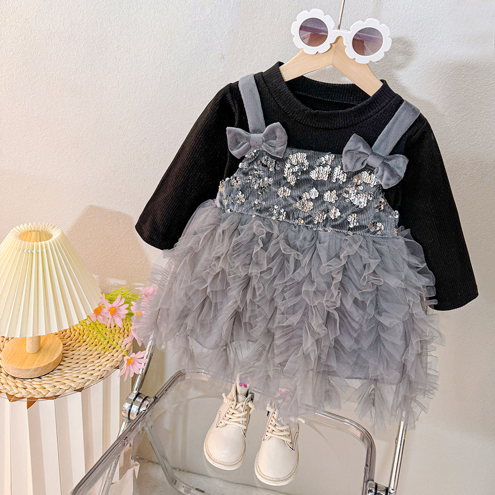 Abito Elegante Bambina con Gonna in Tulle Grigio e Maglia Nera
