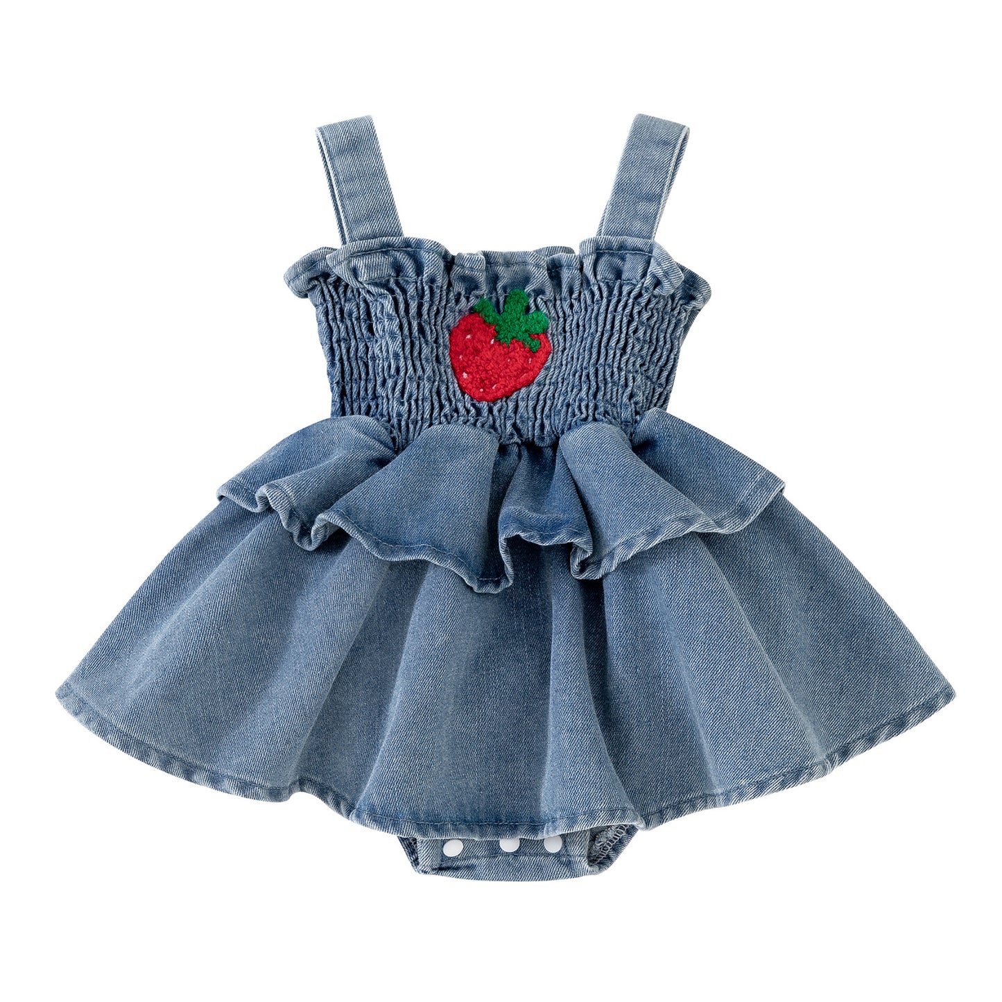 Abitino in Jeans per Bambina con Fragola Ricamata e Volant