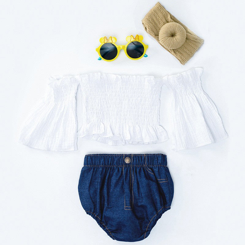 Completo Estivo Bambina con Top a Spalle Scoperte e Shorts in Denim