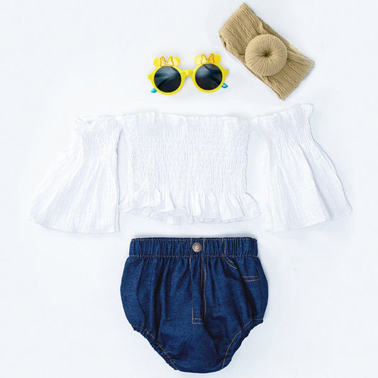 Completo Estivo Bambina con Top a Spalle Scoperte e Shorts in Denim