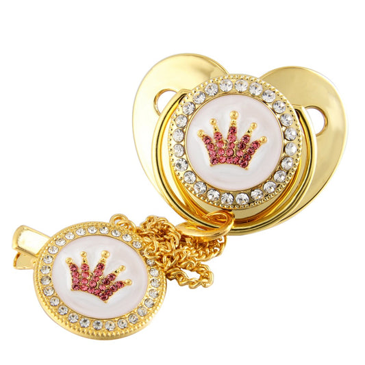 Set Ciuccio e Catenella con Corona Luxury Rosa in Cristalli