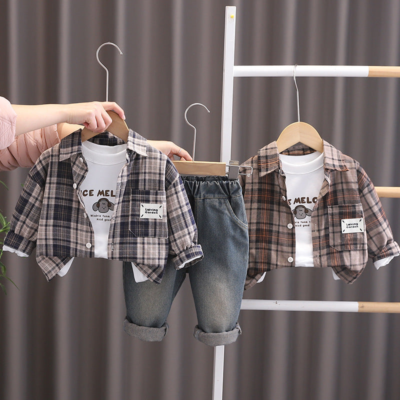 Completo Bimbo Casual   Camicia a Quadri, T-Shirt Stampata e Jeans