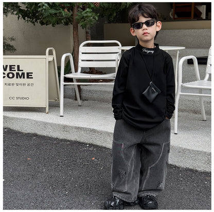 Pantaloni Larghi in Denim Nero per Bambini con Dettagli Strappati