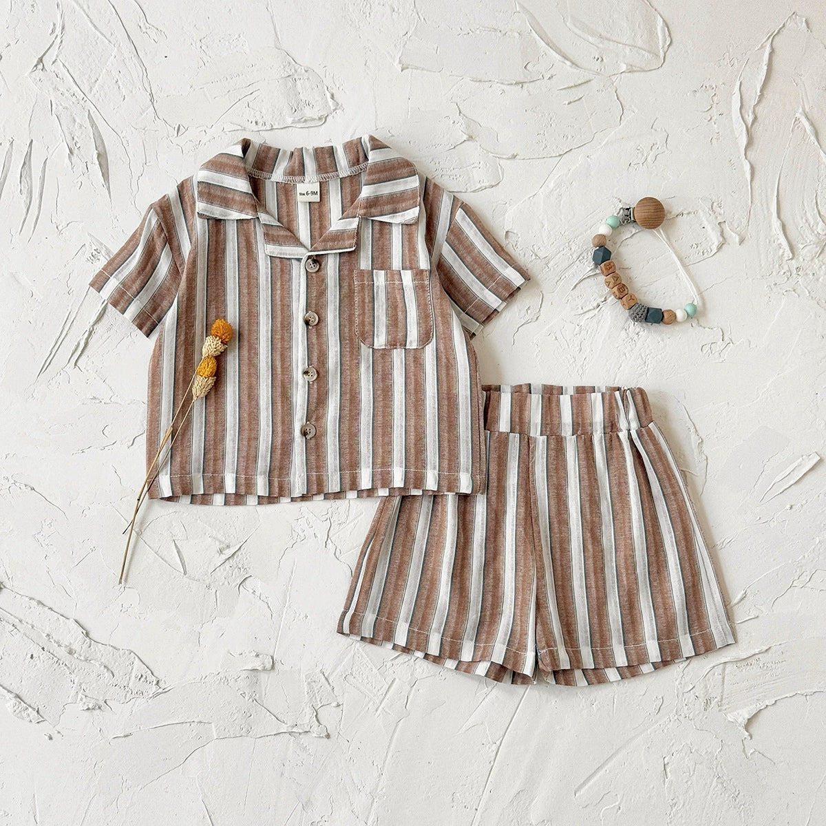 Completo Estivo Bimbo Marrone a Righe  Camicia e Shorts Coordinati