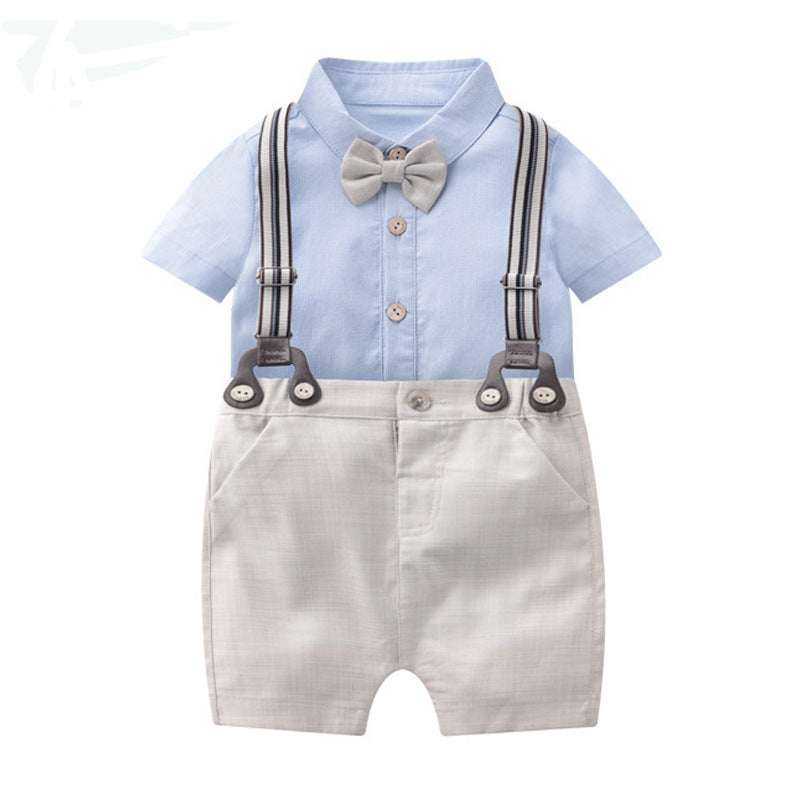 Completo Elegante Neonato 2 Pezzi  Camicia con Papillon e Pantaloncini con Bretelle