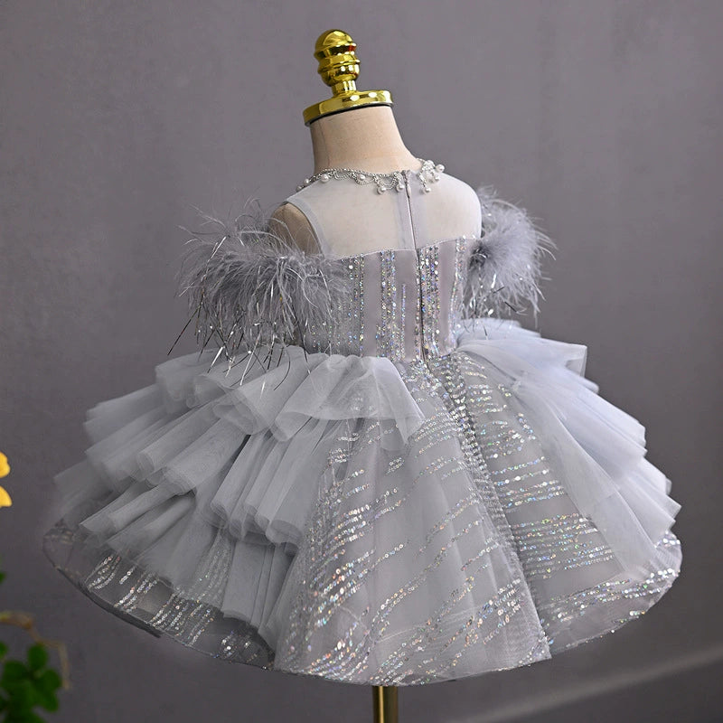 Abito da Cerimonia Bambina Argento – Con Paillettes e Piume