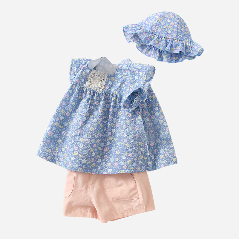 Completo Estivo Bimba 3 Pezzi   Maglietta a Fiori, Shorts Rosa e Cappellino Coordinato