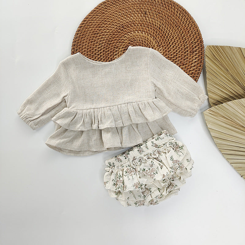 Completo bambina 2 pezzi   Blusa lino e culotte floreale