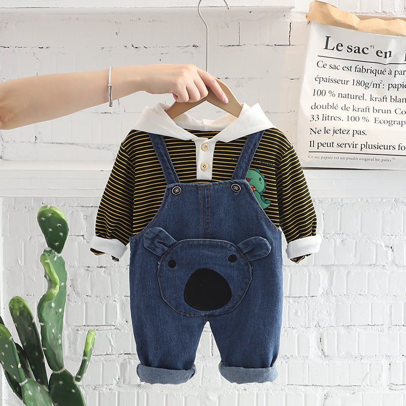 Completo Bambino 2 Pezzi - Salopette in Denim con Orsetto e Maglia a Righe