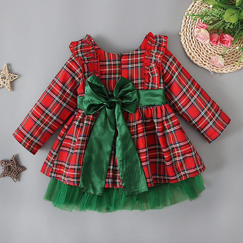 Vestito Natalizio Bimba Scozzese con Fiocco Verde – Tulle, Maniche Lunghe