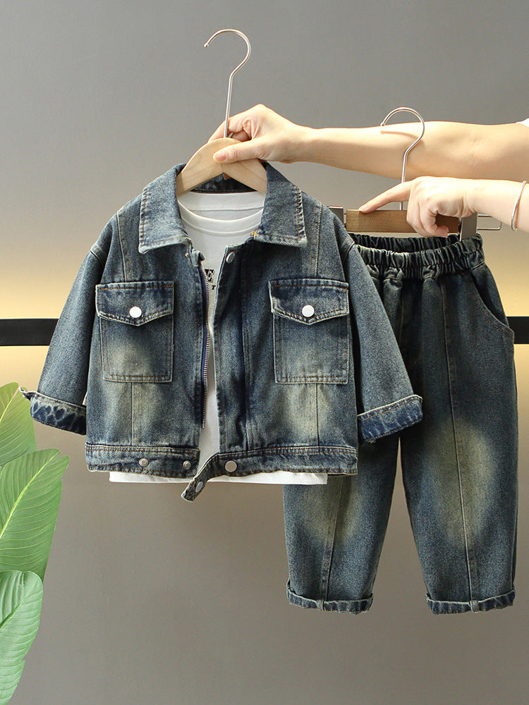 Completo Bambino in Jeans Vintage  Giacca, Maglia e Pantaloni 3 Pezzi