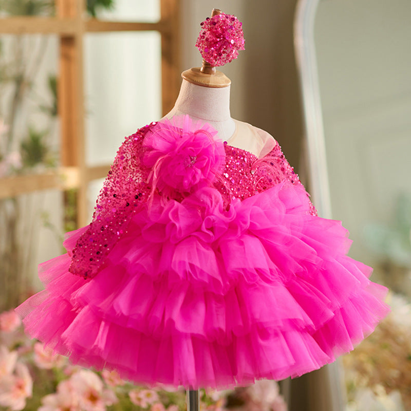Abito Cerimonia Bambina Fucsia con Paillettes e Gonna in Tulle