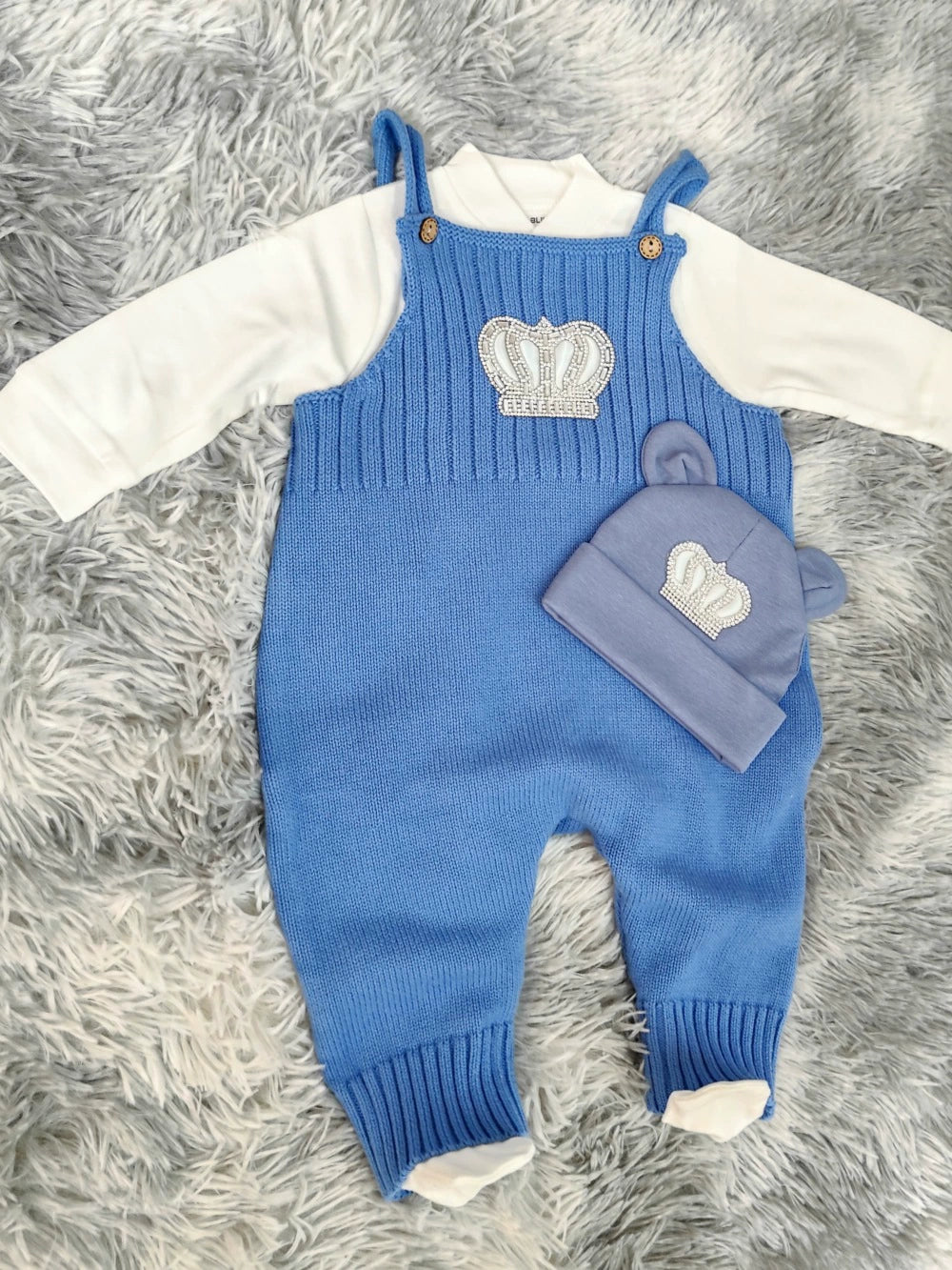 Completo tutina neonato principe azzurro con corona Salopette + Body + Cappellino